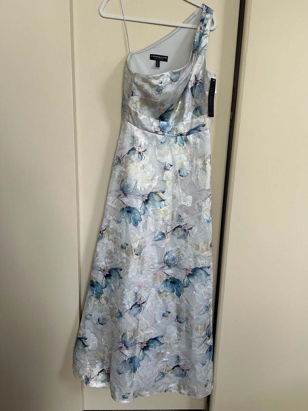 NWT Aidan Mattox Printed Jacquard Ballgown in Blue Multi, Size 12